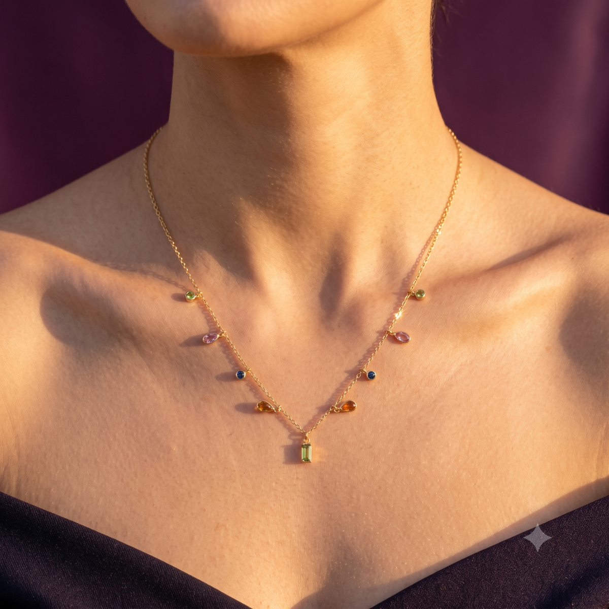 Gold Multicolour Stone Charm Chain Necklace & Bracelet | S.W.ANJ