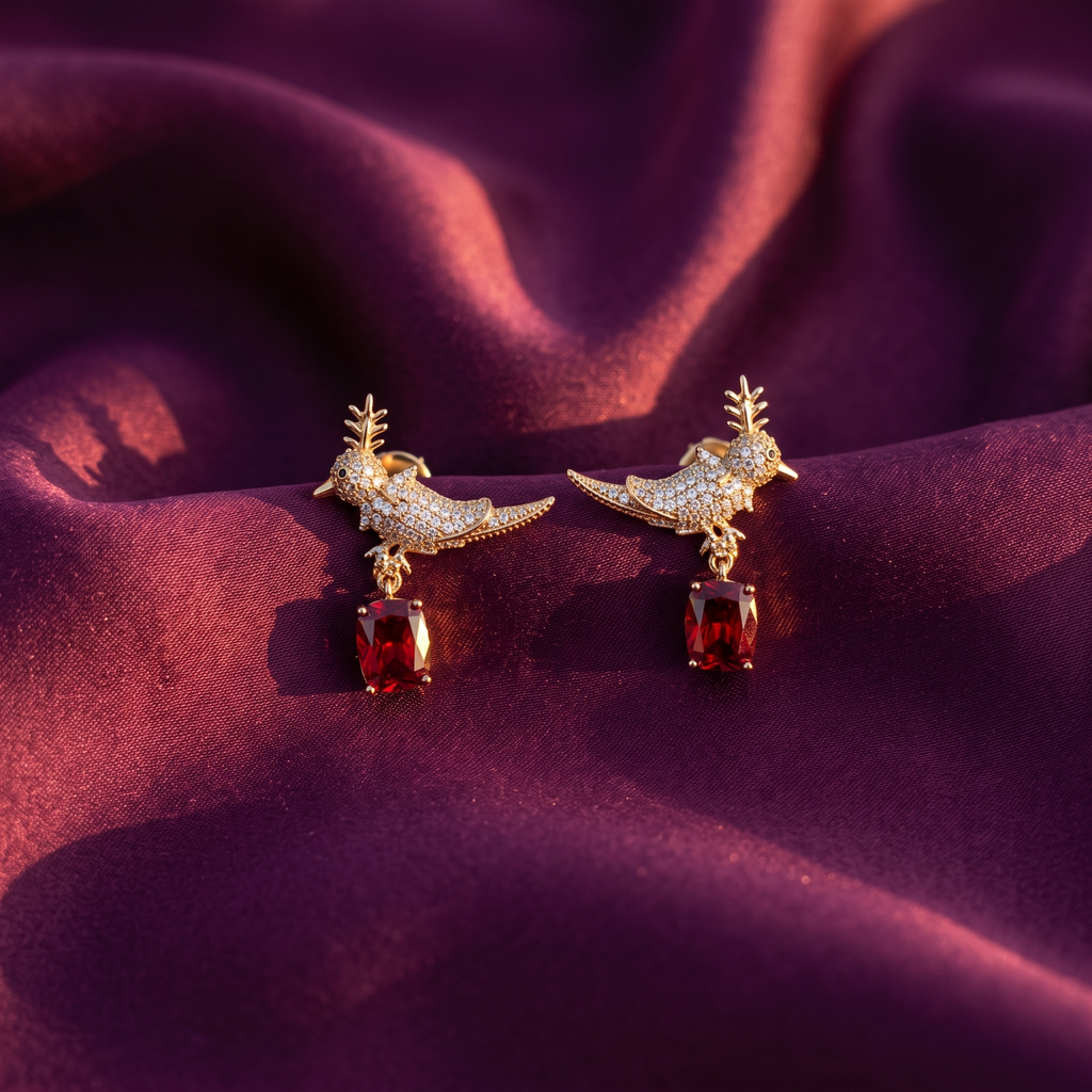 Gold Bird Earrings, Black or Red, Anti-Tarnish | S.W.ANJ
