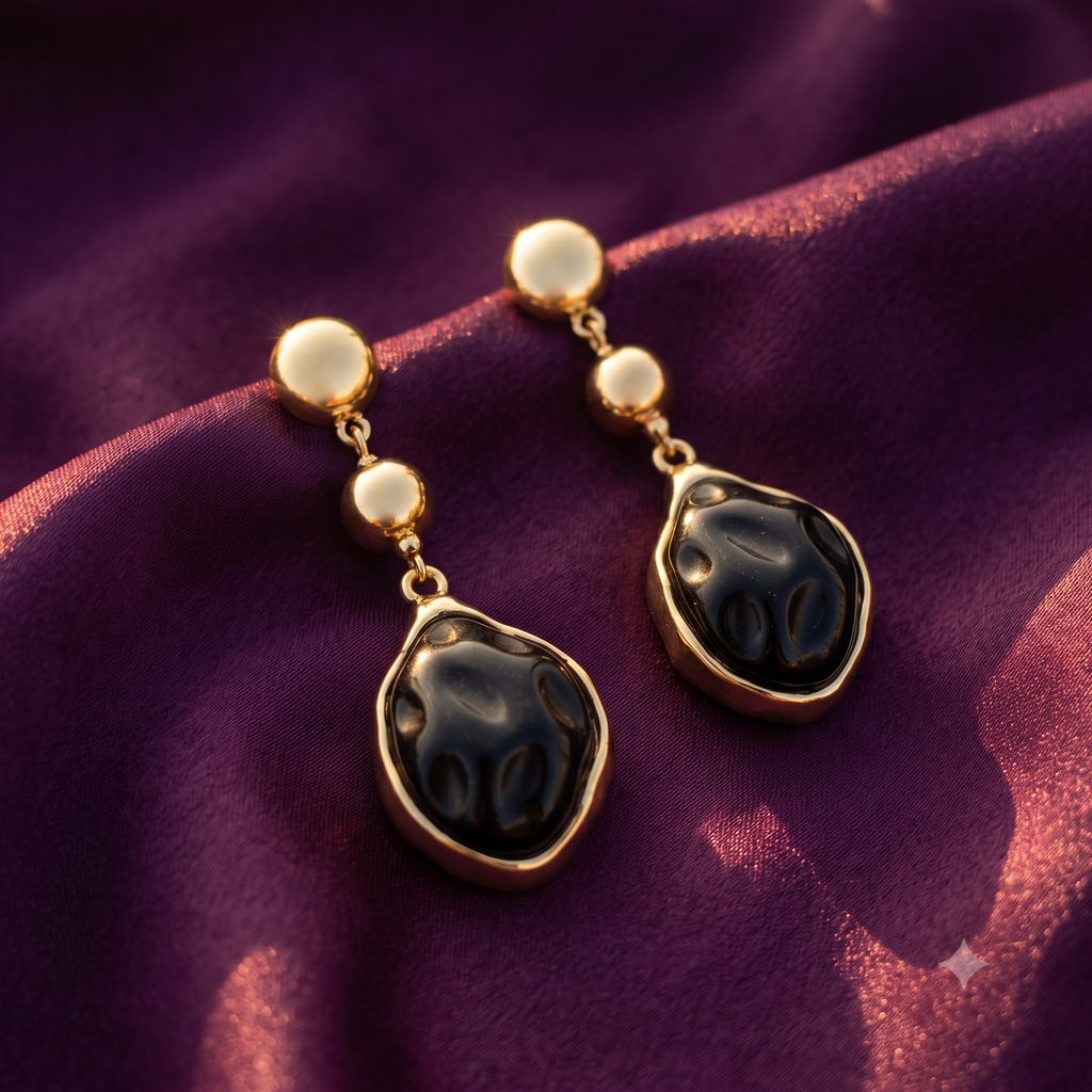 Black Teardrop Drop Earrings with Gold Dome Top | S.W.ANJ