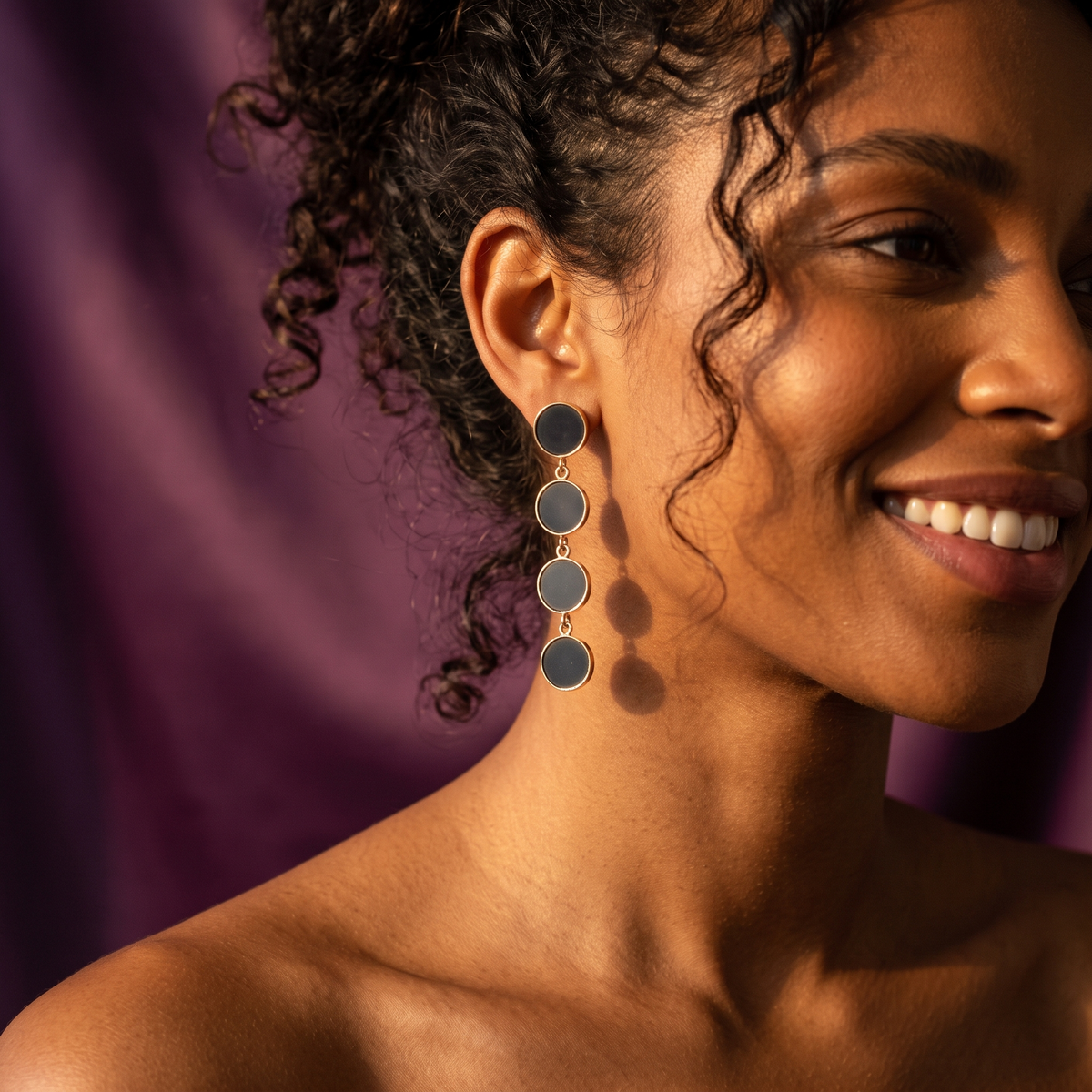 Black Round Disc Drop Earrings with Gold Edge | S.W.ANJ