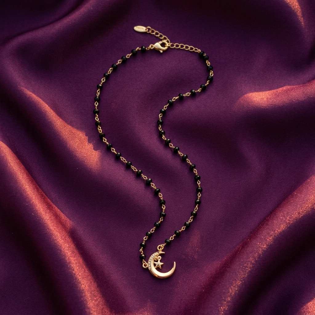 Black Bead Necklace with Crescent Moon & Star Pendant – Gold Tone, Anti-Tarnish