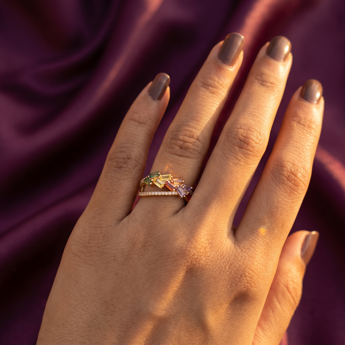 Gold Scattered Baguette Cluster Ring – Multicolour, Anti-Tarnish