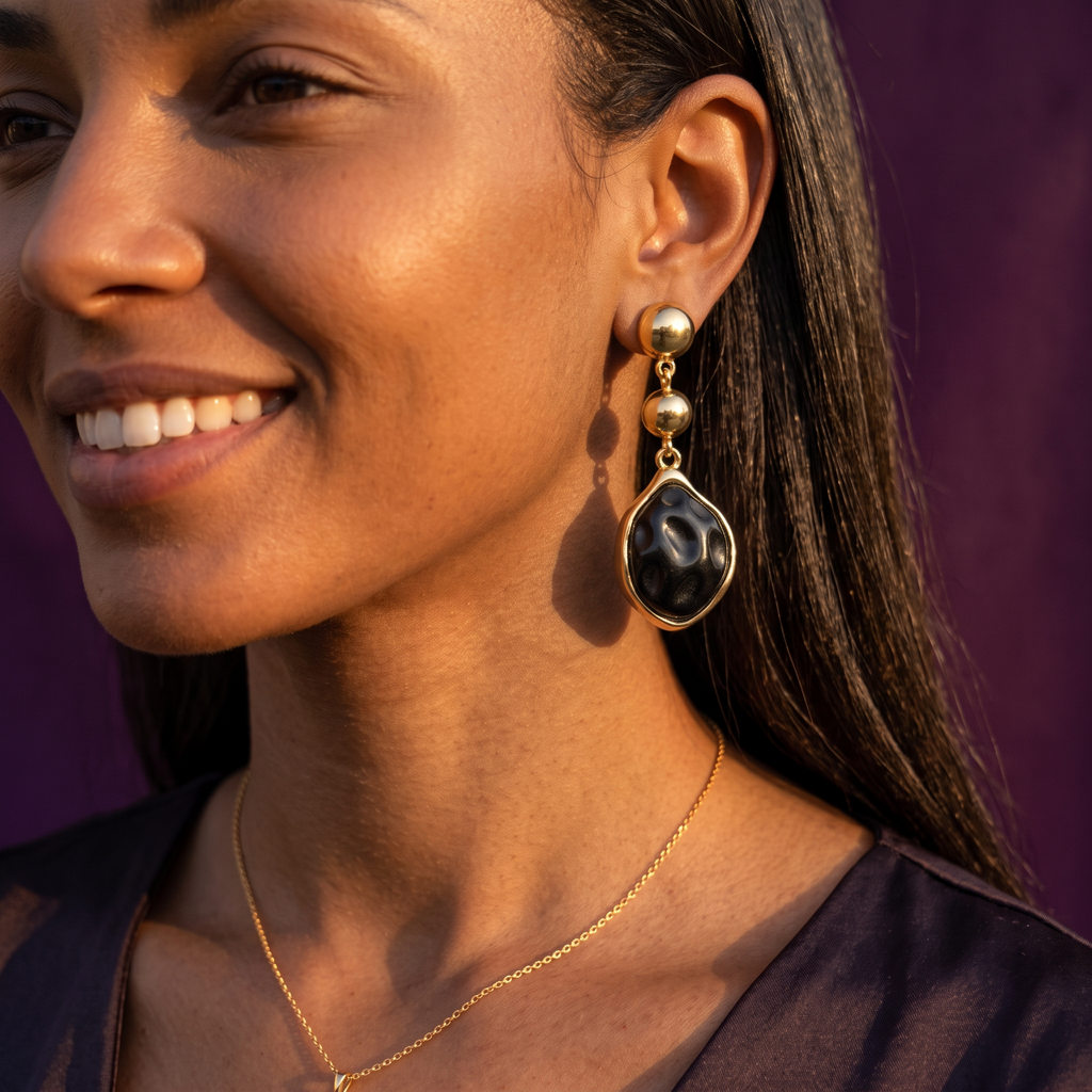 Black Teardrop Drop Earrings with Gold Dome Top | S.W.ANJ