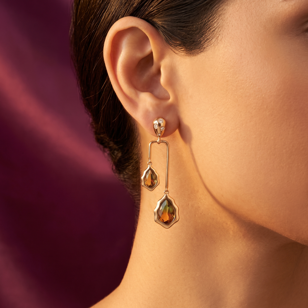 Gold Asymmetrical Ombre Drop Earrings – Green to Amber Crystals, Anti-Tarnish