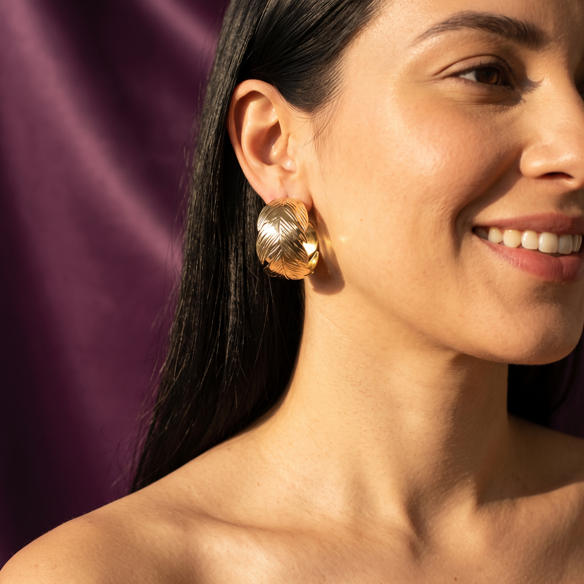 Gold Engraved Leaf Wide Hoop Earrings | S.W.ANJ