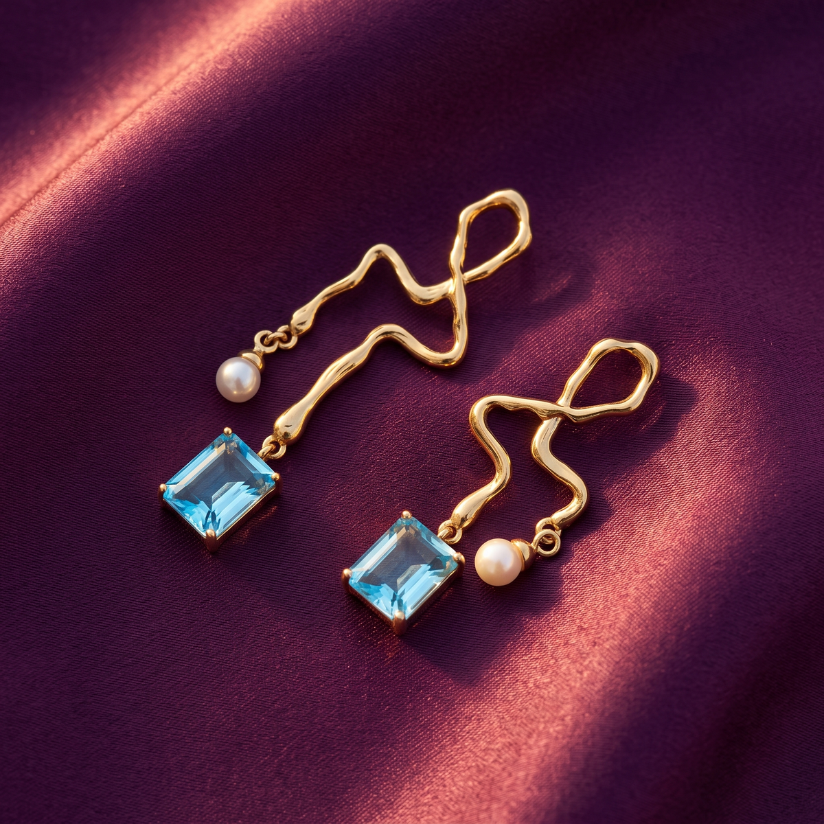 Gold Wavy Drop Earrings – Sky Blue Crystal & Faux Pearl, Anti-Tarnish
