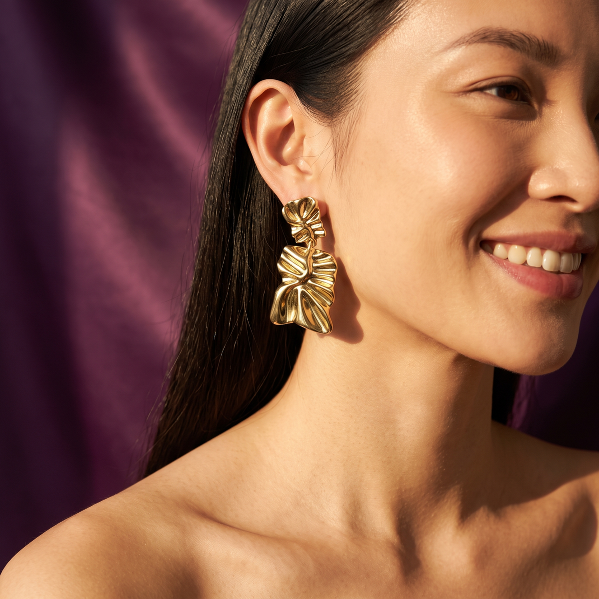 Gold Crinkled Leaf Drop Earrings | S.W.ANJ