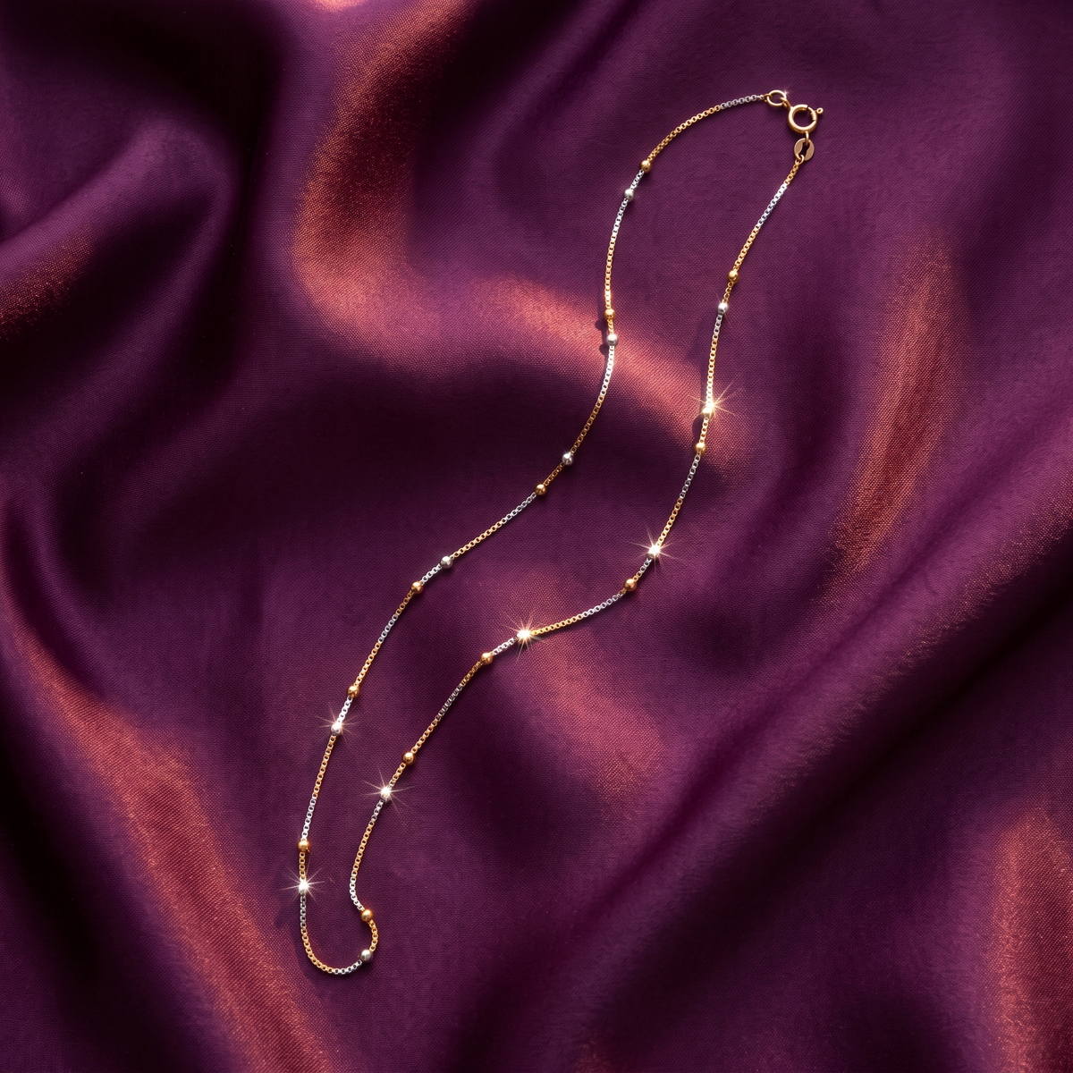 Two-Tone Beaded Box Chain Necklace – Gold & Silver Tone Satellite Chain, Anti-Tarnish