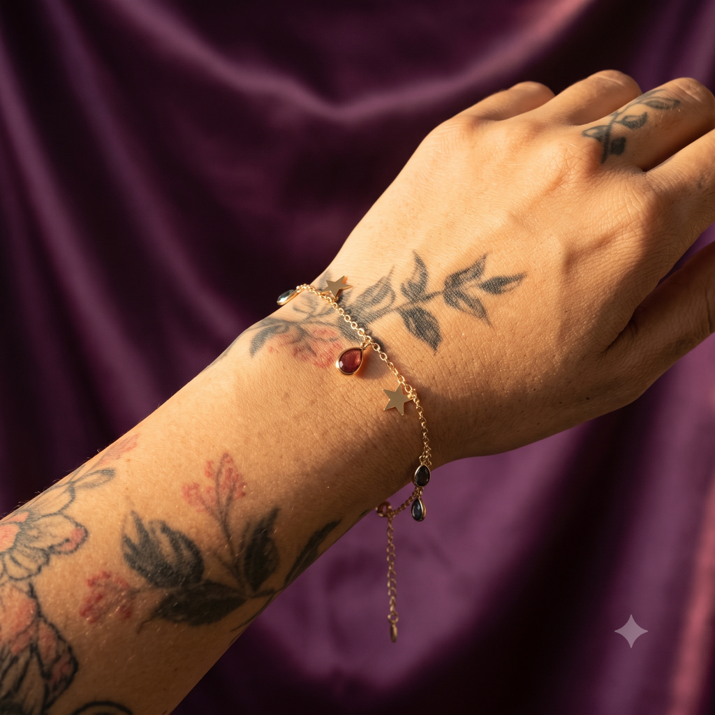 Gold Multicolour Teardrop Charm Necklace & Bracelet with Ruby Centre Drop | S.W.ANJ