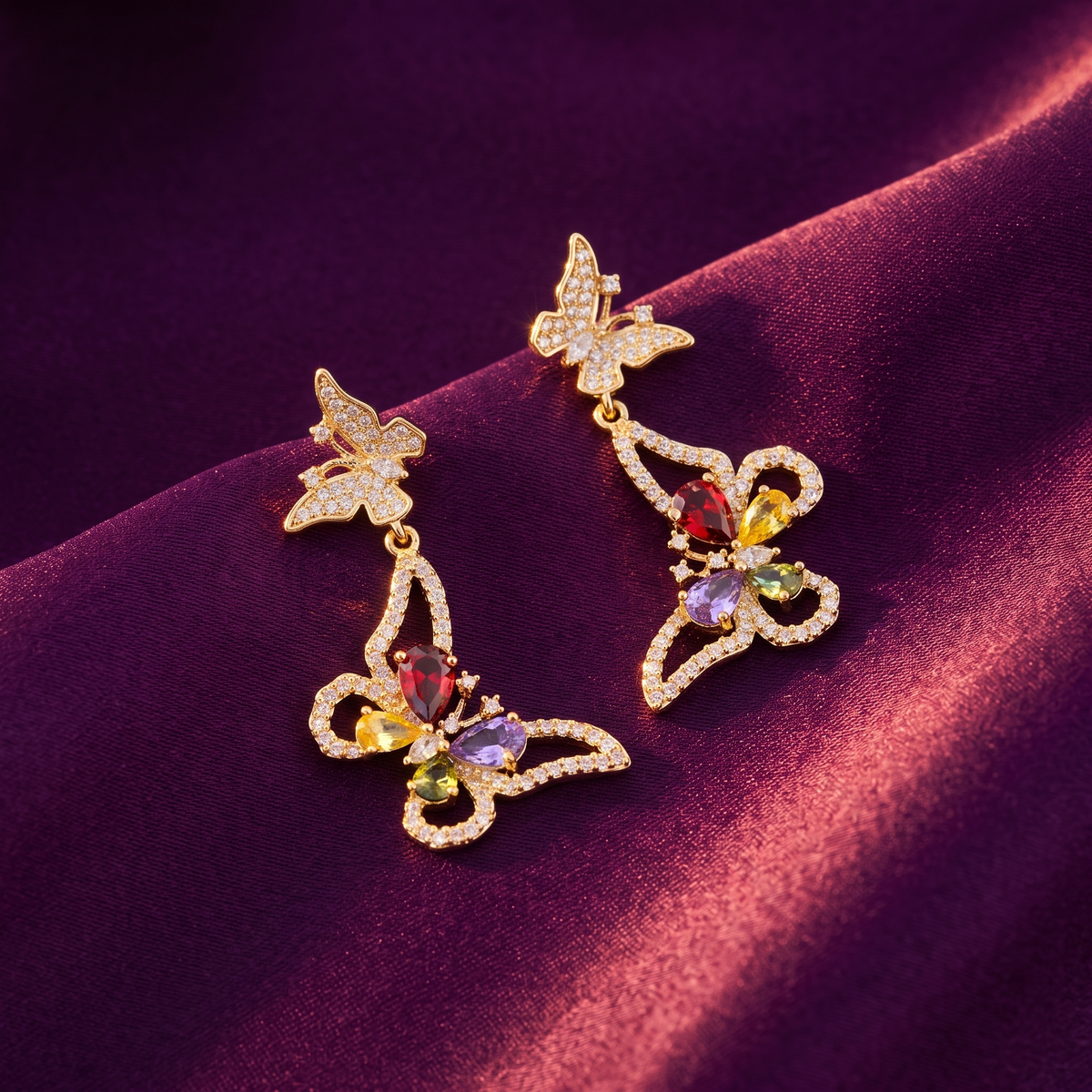 Gold Butterfly Drop Earrings with Crystals | S.W.ANJ