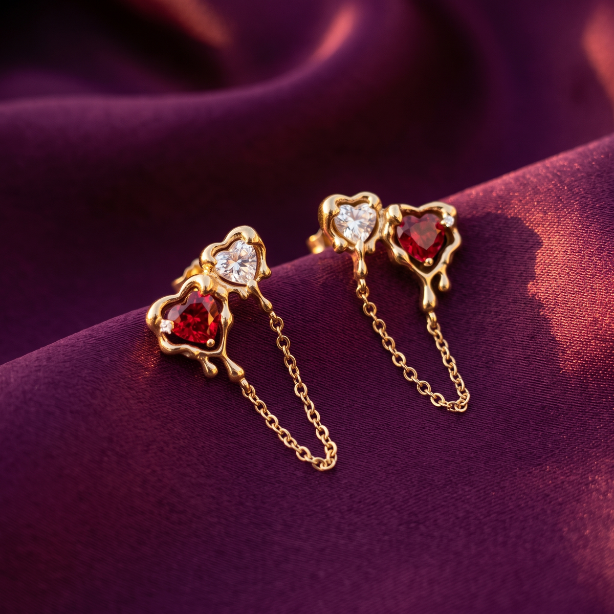 Molten Gold Double Heart Chain Earrings – Red or Green, Anti-Tarnish