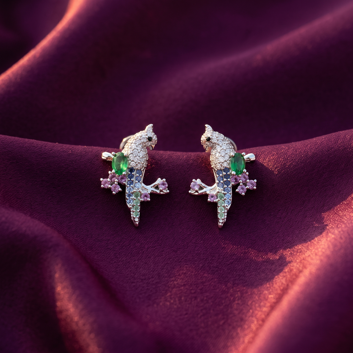 Silver Parrot Stud Earrings – Colourful Pavé Crystal, Anti-Tarnish