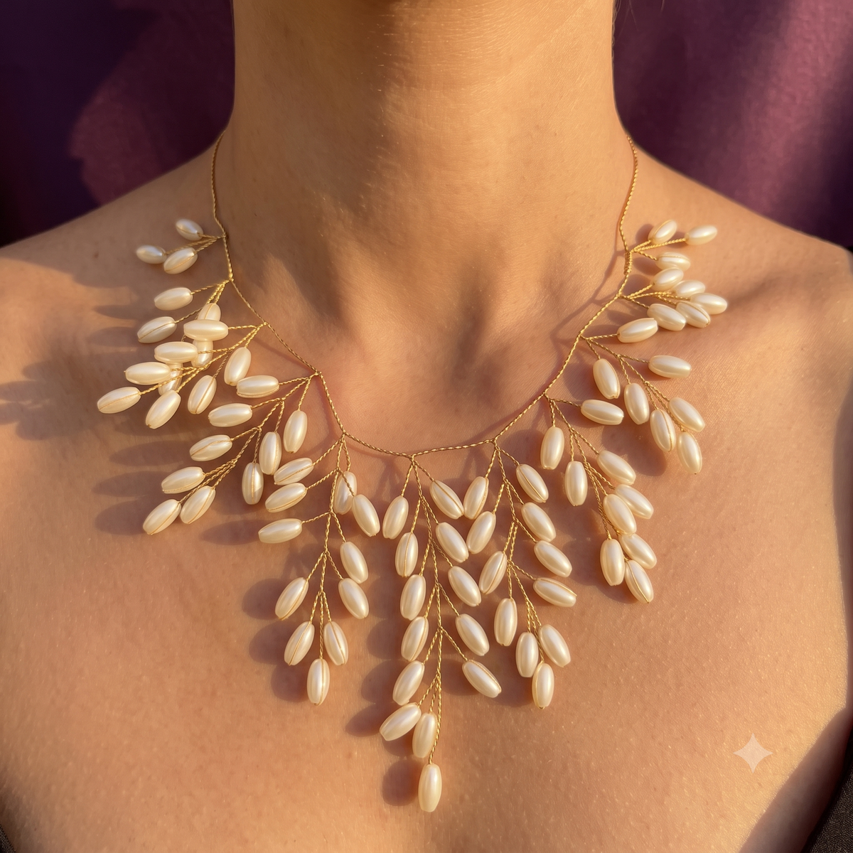 Gold Wire Pearl Branch Necklace with Oval Pearls | S.W.ANJ