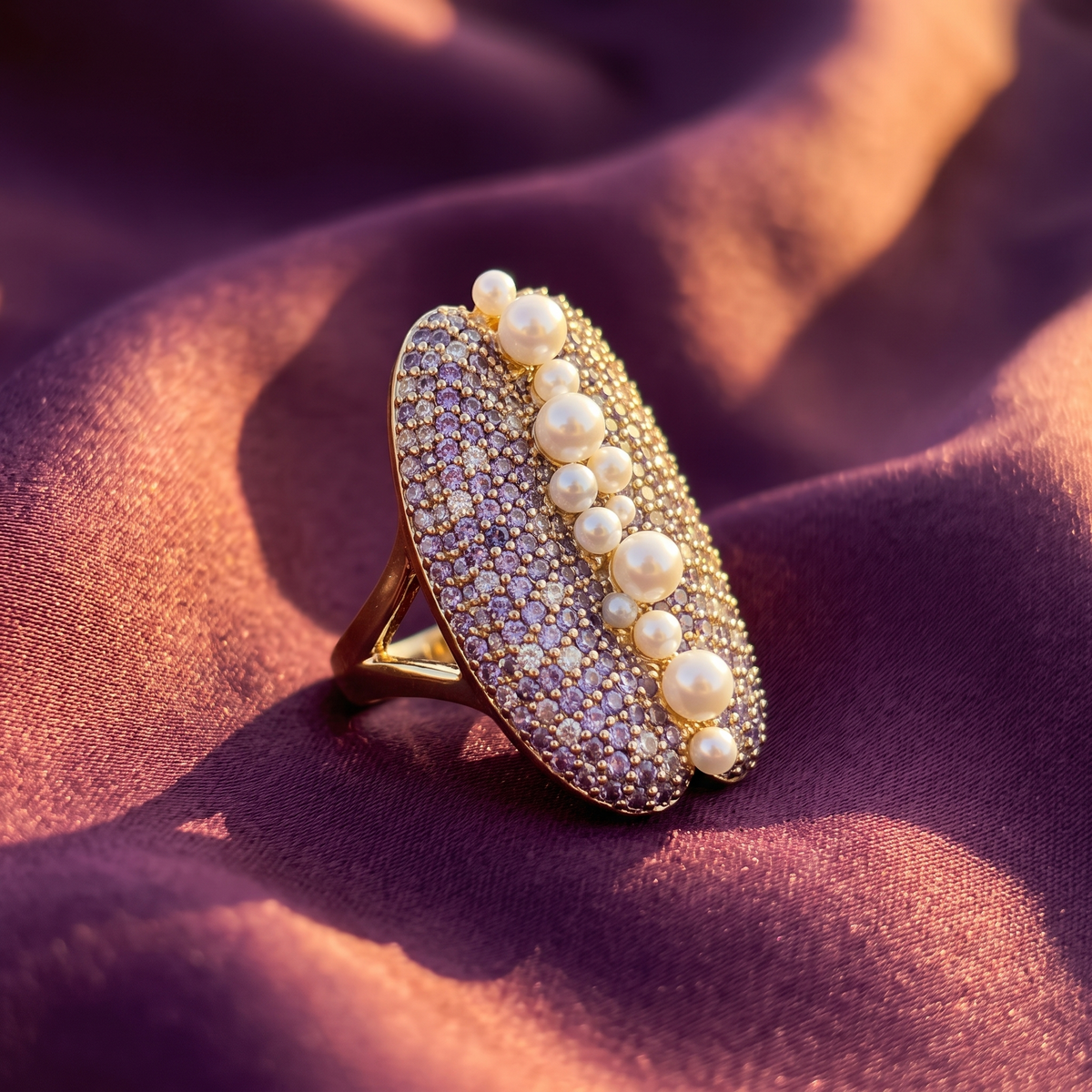 Gold Lilac Pavé Cocktail Ring – Faux Pearl Cascade, Anti-Tarnish