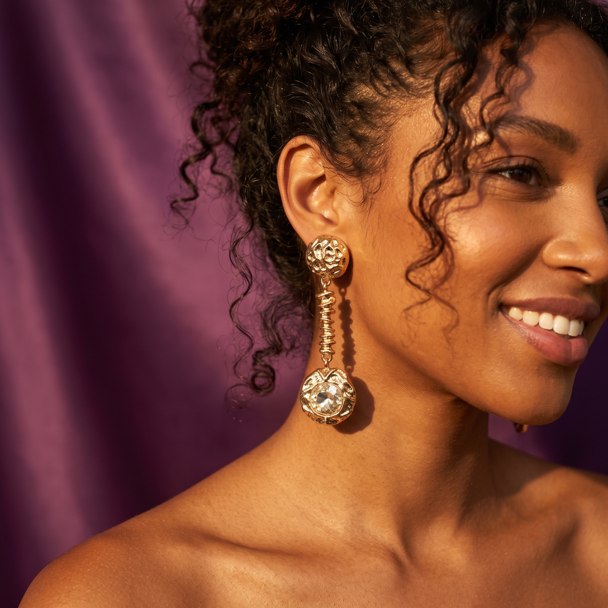 Gold Long Drop Earrings with Crystal Disc | S.W.ANJ