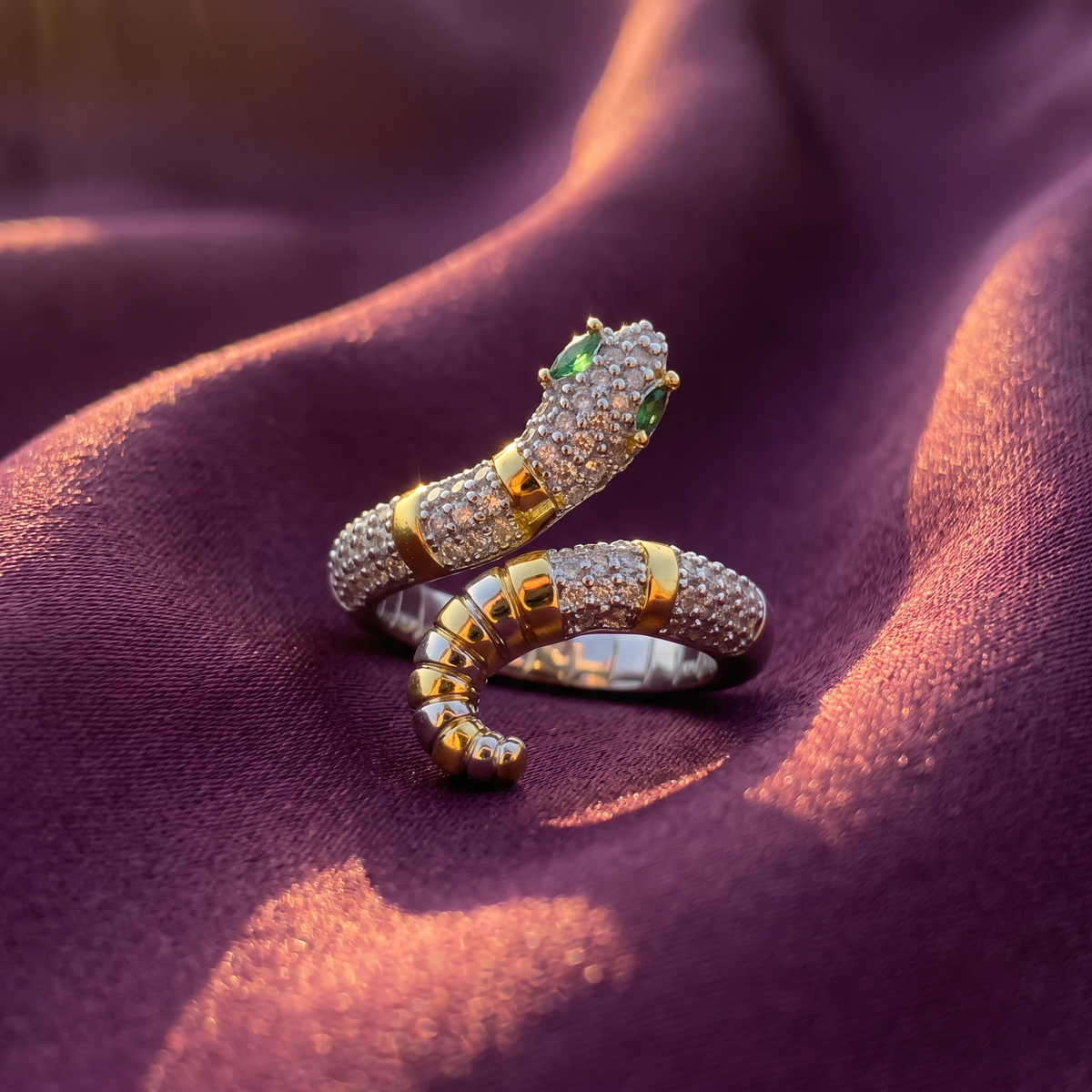 Two-Tone Snake Wrap Ring – Pavé Crystal with Green Eyes, Anti-Tarnish