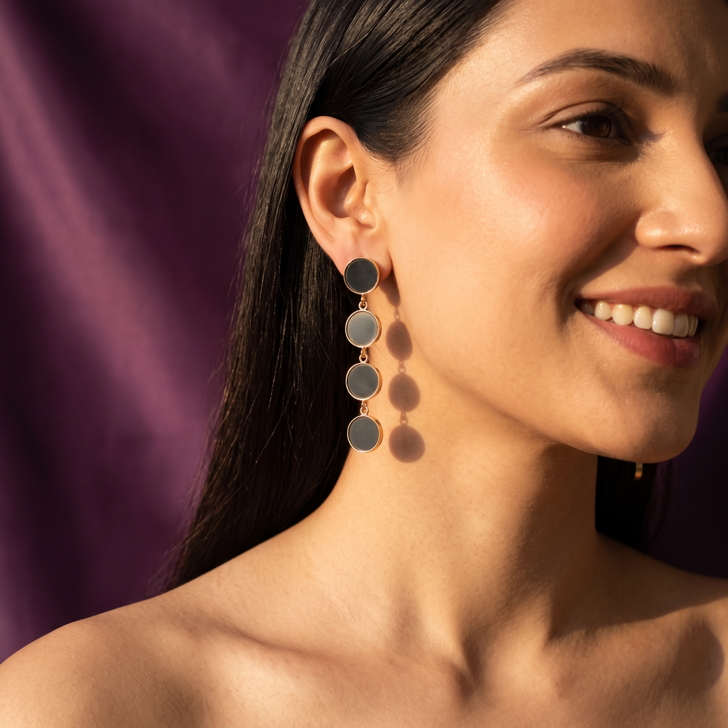 Black Round Disc Drop Earrings with Gold Edge | S.W.ANJ