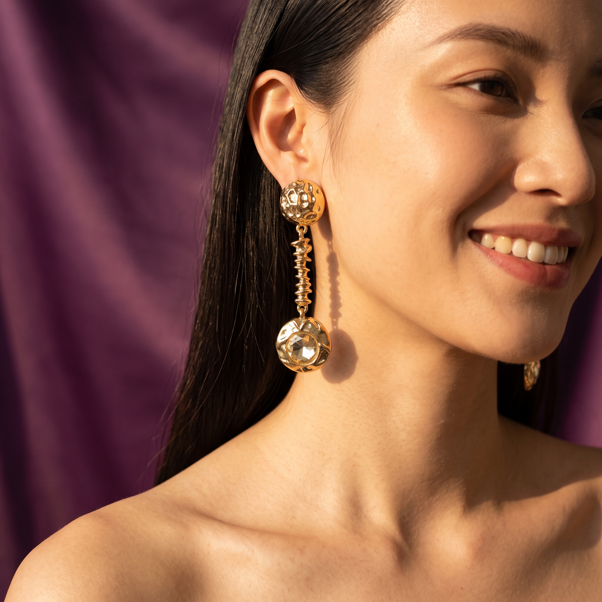 Gold Long Drop Earrings with Crystal Disc | S.W.ANJ