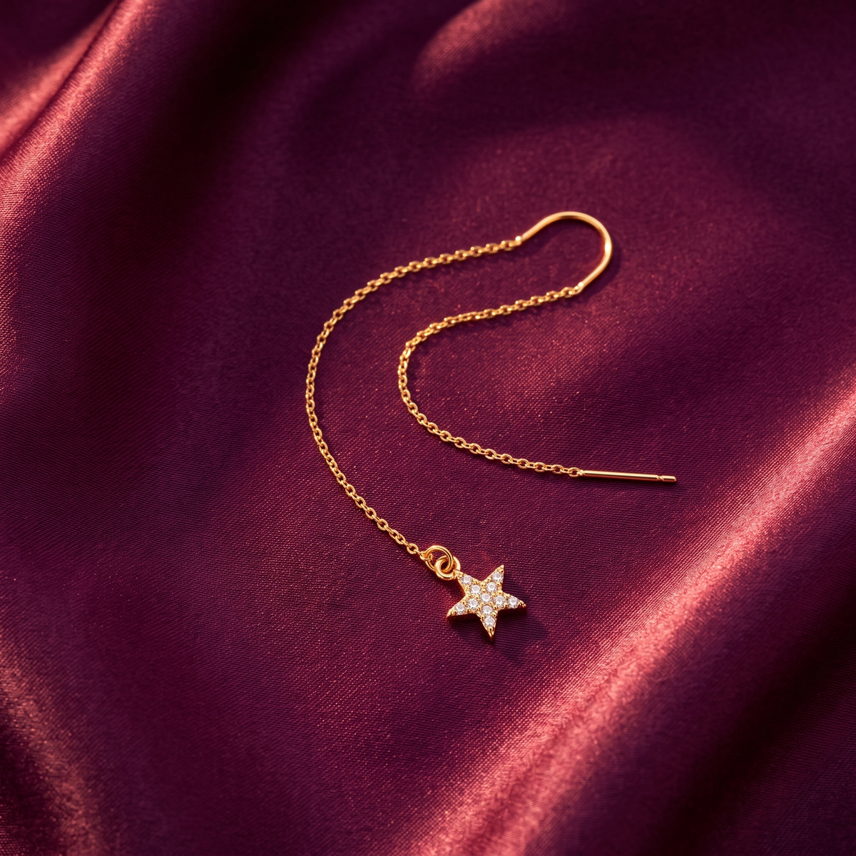 Gold Star Threader Earrings – Long Chain with Pavé Crystal Star, Anti-Tarnish