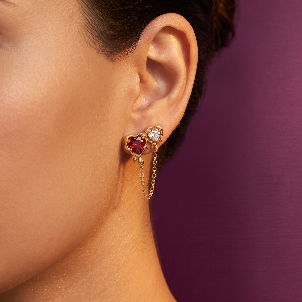 Molten Gold Double Heart Chain Earrings – Red or Green, Anti-Tarnish