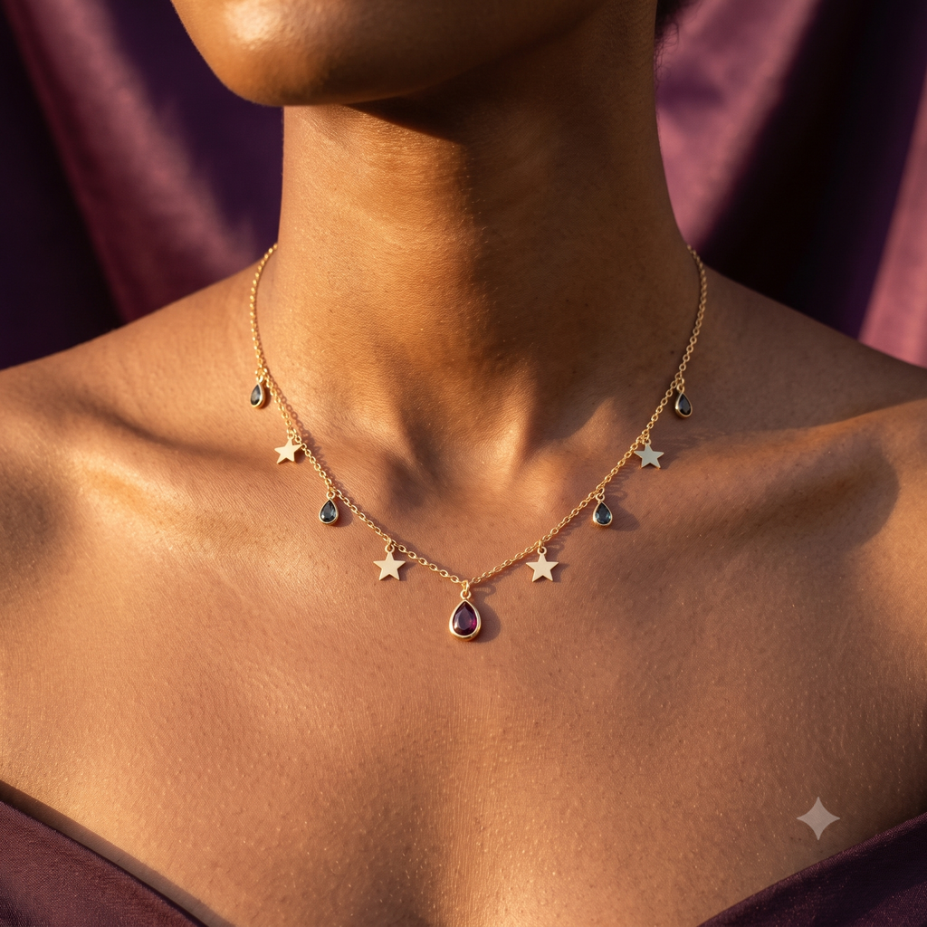 Gold Star & Ruby Teardrop Charm Necklace | S.W.ANJ