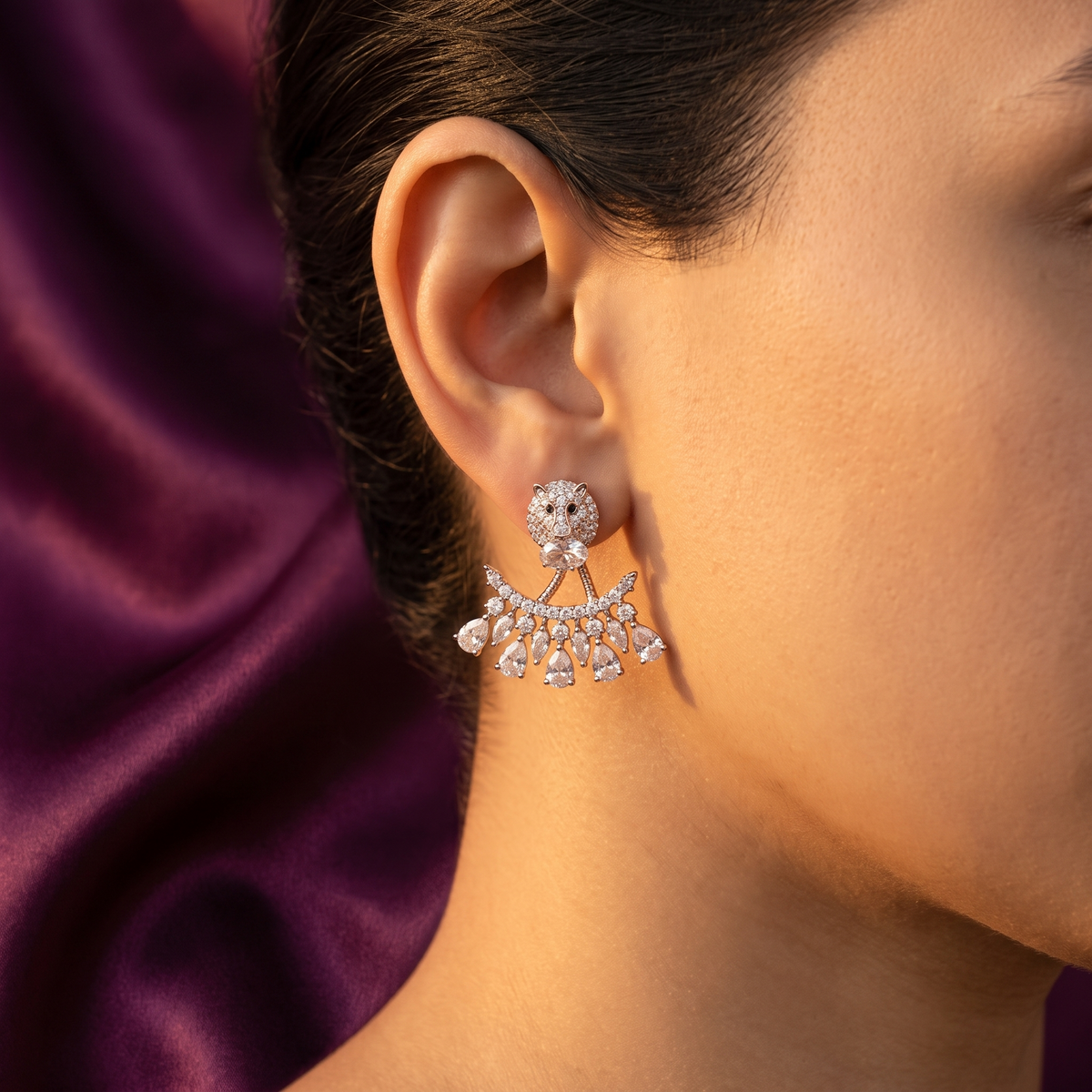 Gold Lion Cub Ear Jacket Earrings, Anti-Tarnish | S.W.ANJ
