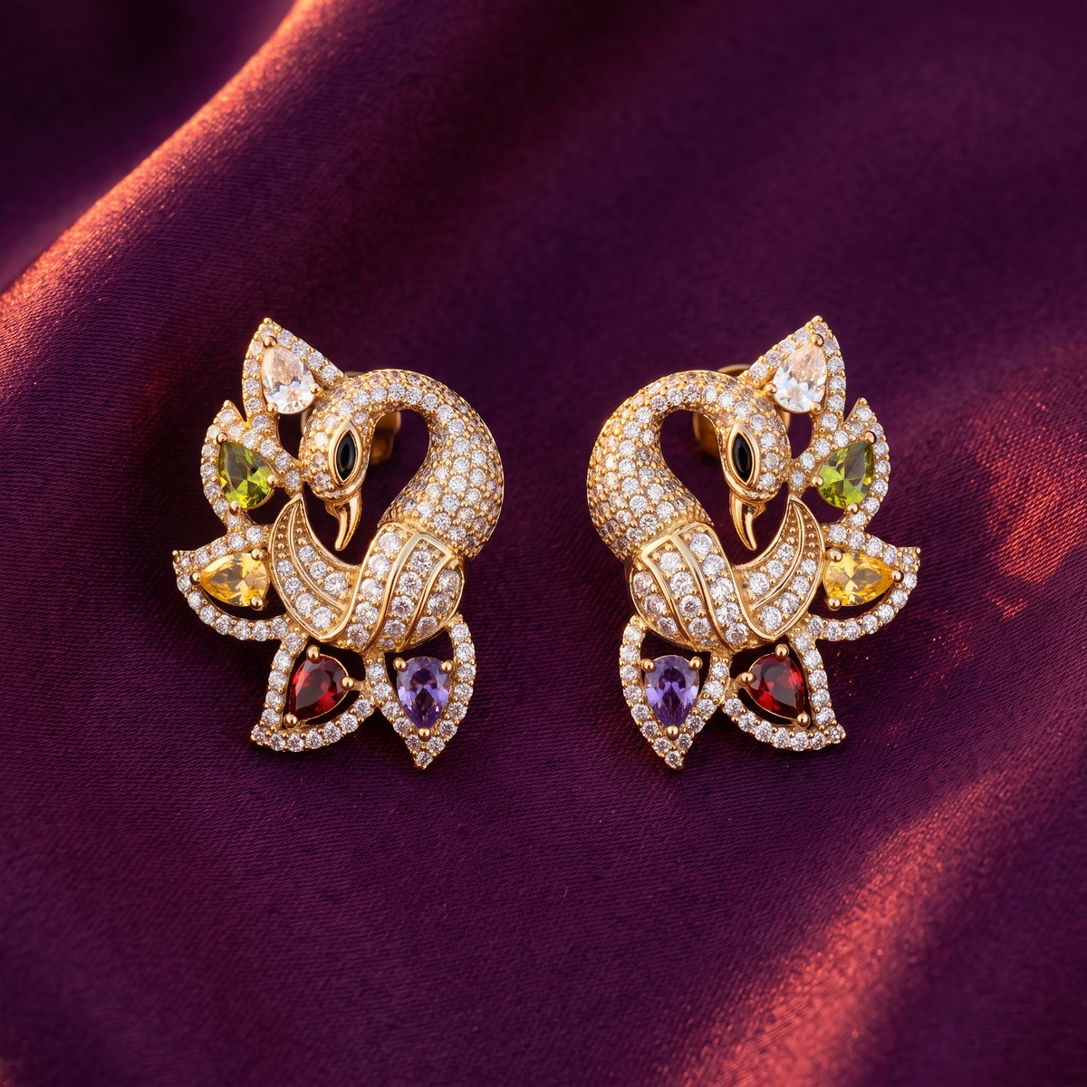 Gold Swan Earrings with Multicolour Crystals | S.W.ANJ