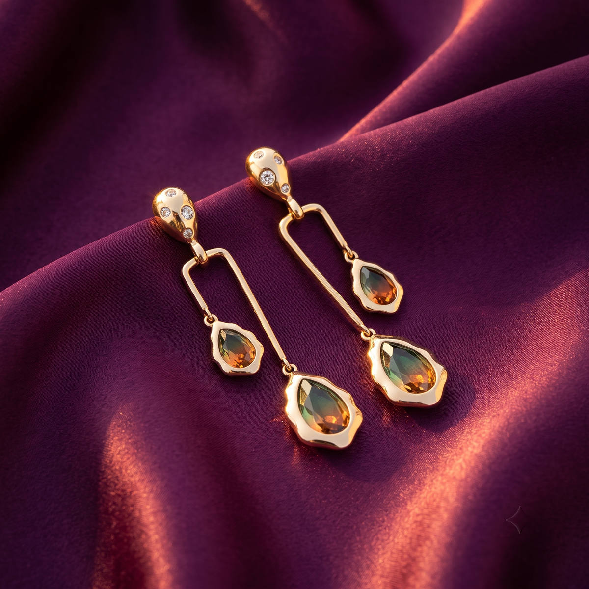 Gold Asymmetrical Ombre Drop Earrings – Green to Amber Crystals, Anti-Tarnish