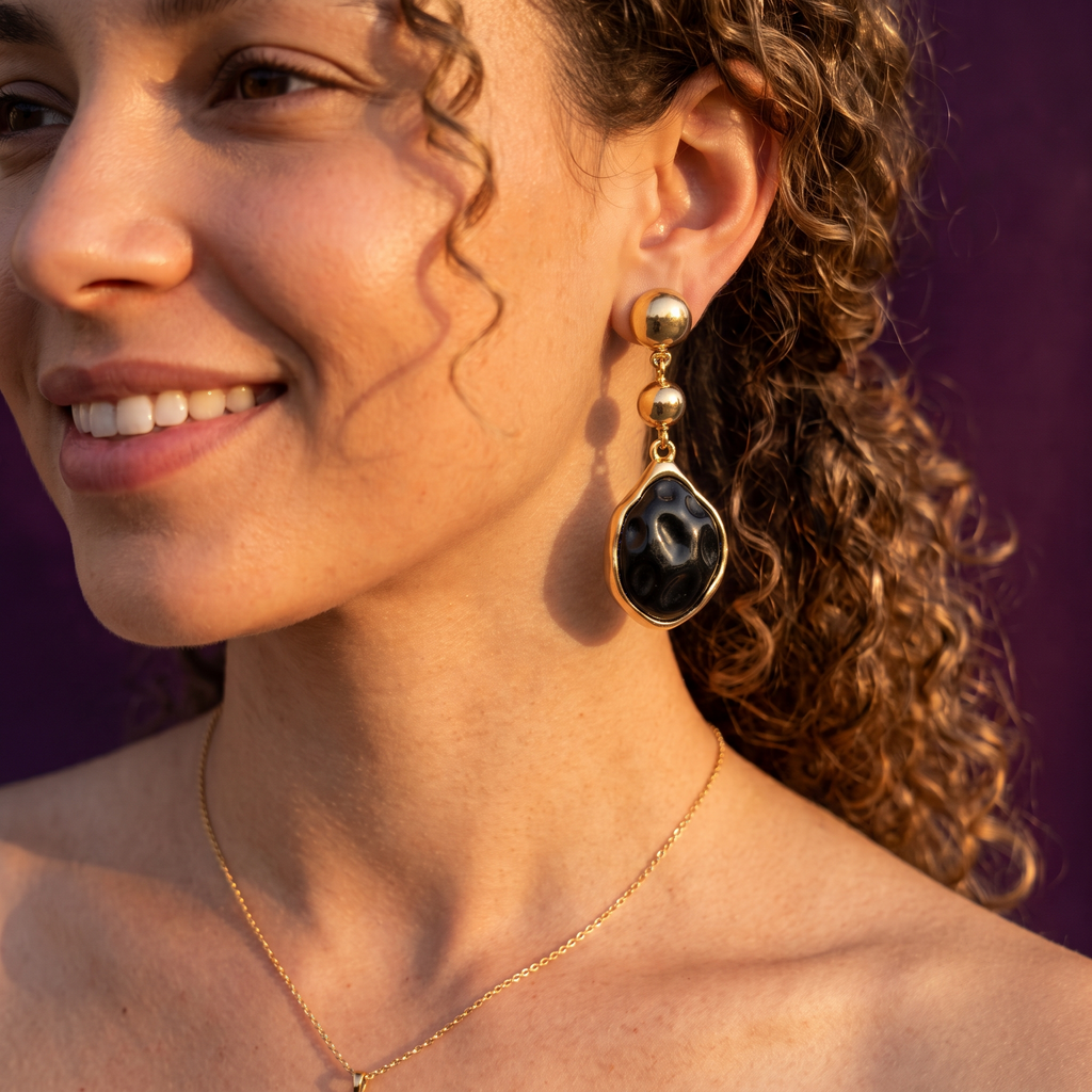 Black Teardrop Drop Earrings with Gold Dome Top | S.W.ANJ