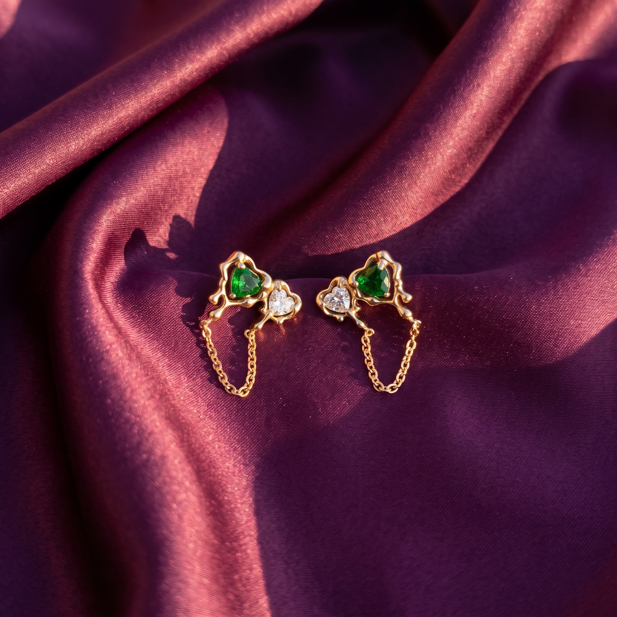 Molten Gold Double Heart Chain Earrings – Red or Green, Anti-Tarnish