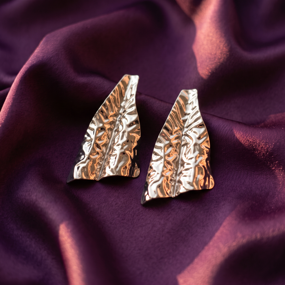 Gold / Silver Crinkled Leaf Sheet Statement Earrings | S.W.ANJ