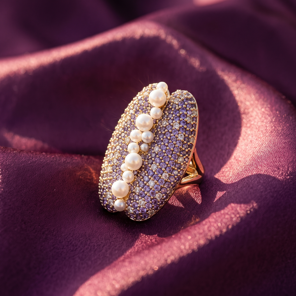 Gold Lilac Pavé Cocktail Ring – Faux Pearl Cascade, Anti-Tarnish