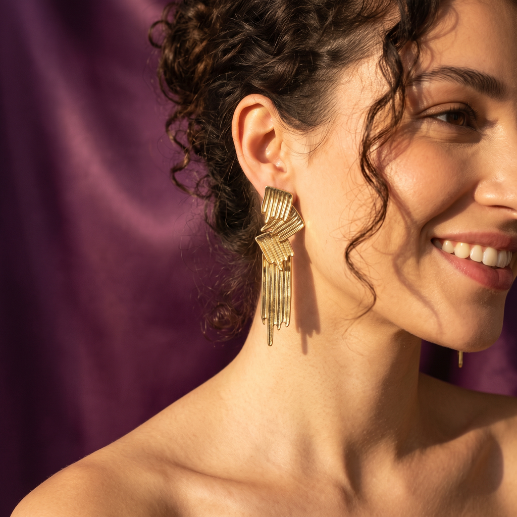 Gold Ribbed Long Drop Earrings | S.W.ANJ