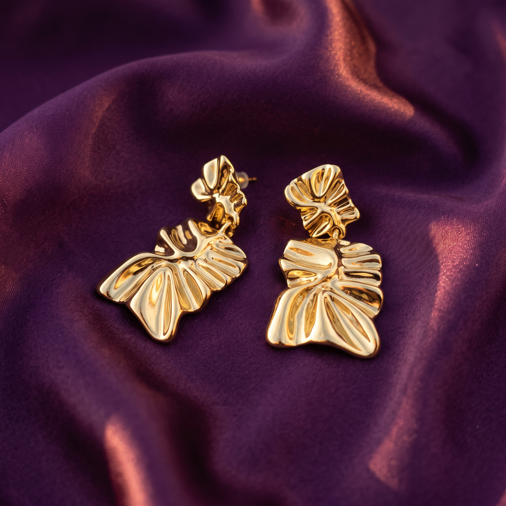 Gold Crinkled Leaf Drop Earrings | S.W.ANJ