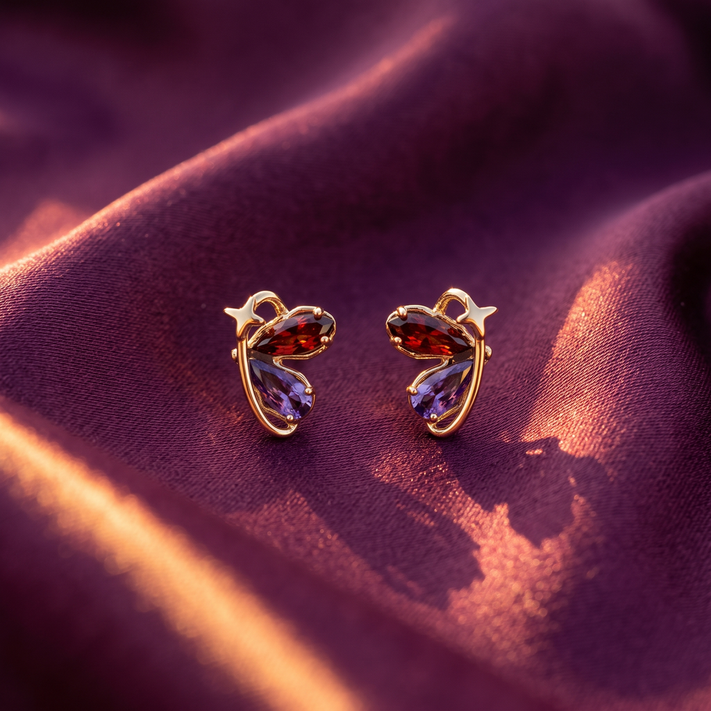Gold Butterfly Wing Stud Earrings – Red & Purple Crystal, Anti-Tarnish