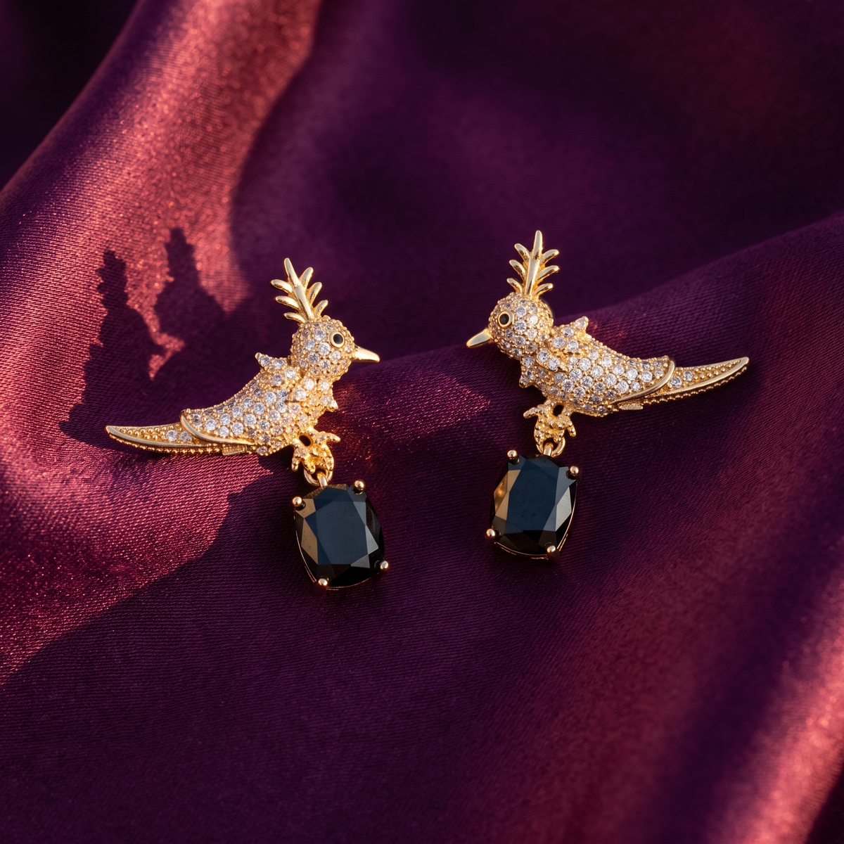 Gold Bird Earrings, Black or Red, Anti-Tarnish | S.W.ANJ