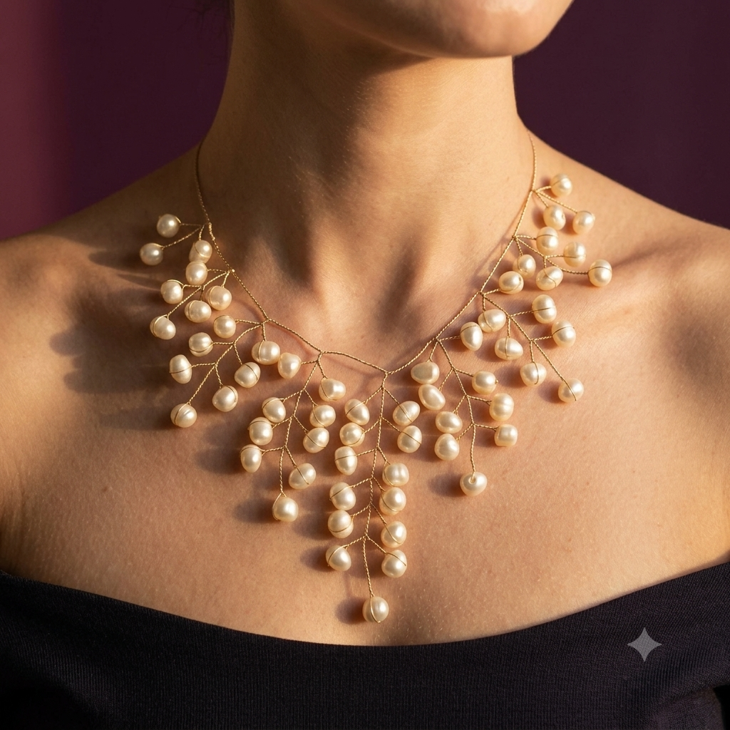 Gold Wire Pearl Branch Necklace with Round Pearls | S.W.ANJ