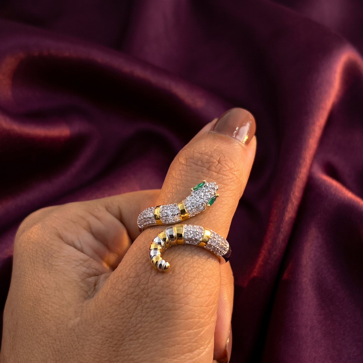 Two-Tone Snake Wrap Ring – Pavé Crystal with Green Eyes, Anti-Tarnish