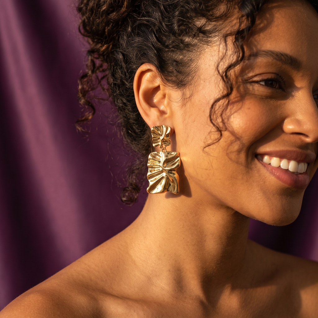 Gold Crinkled Leaf Drop Earrings | S.W.ANJ