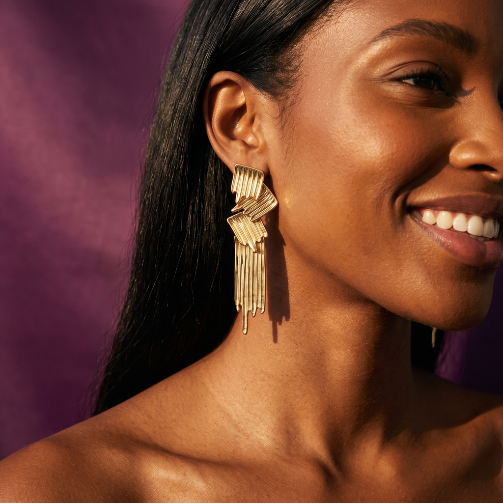 Gold Ribbed Long Drop Earrings | S.W.ANJ