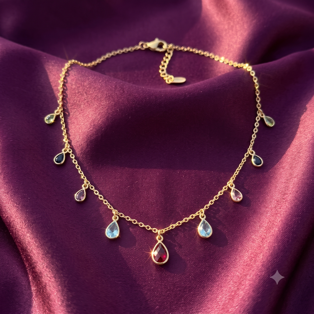 Gold Multicolour Teardrop Charm Necklace & Bracelet with Ruby Centre Drop | S.W.ANJ