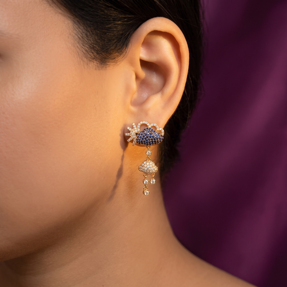 Sun and Cloud Drop Earrings with Blue Crystals | S.W.ANJ