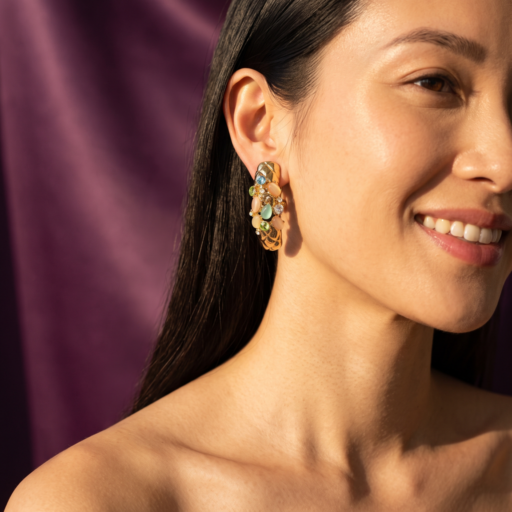 GLAM NAILS! Gold Curved Statement Earrings with Pastel Stones | S.W.ANJ