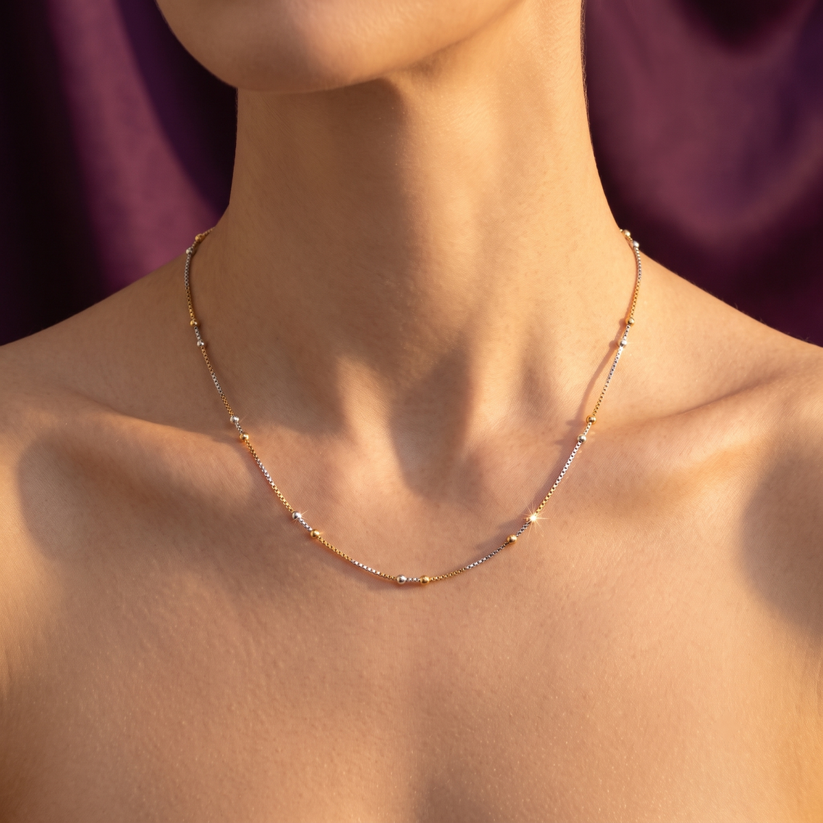 Two-Tone Beaded Box Chain Necklace – Gold & Silver Tone Satellite Chain, Anti-Tarnish