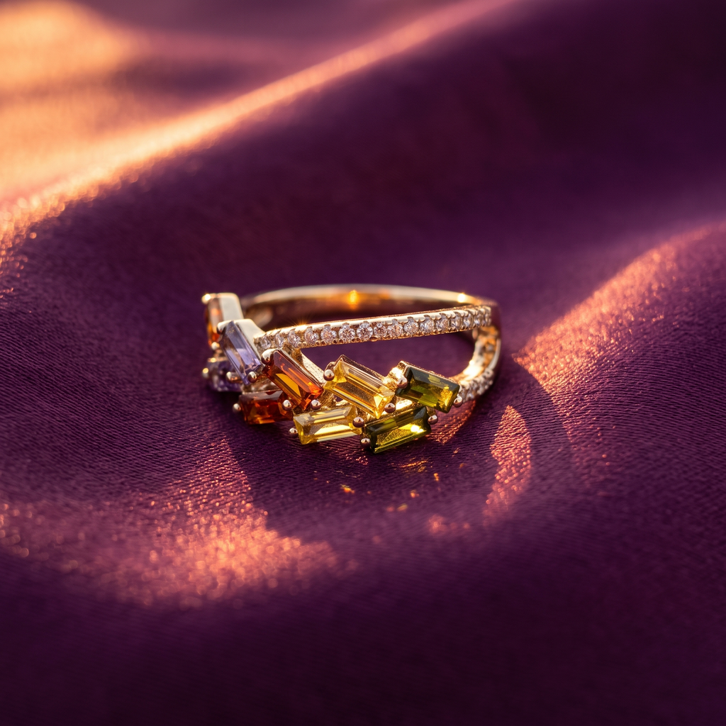 Gold Scattered Baguette Cluster Ring – Multicolour, Anti-Tarnish