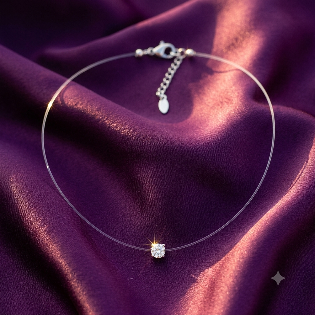 Silver-Tone Invisible Necklace – Floating Crystal Solitaire on Clear Cord, Anti-Tarnish