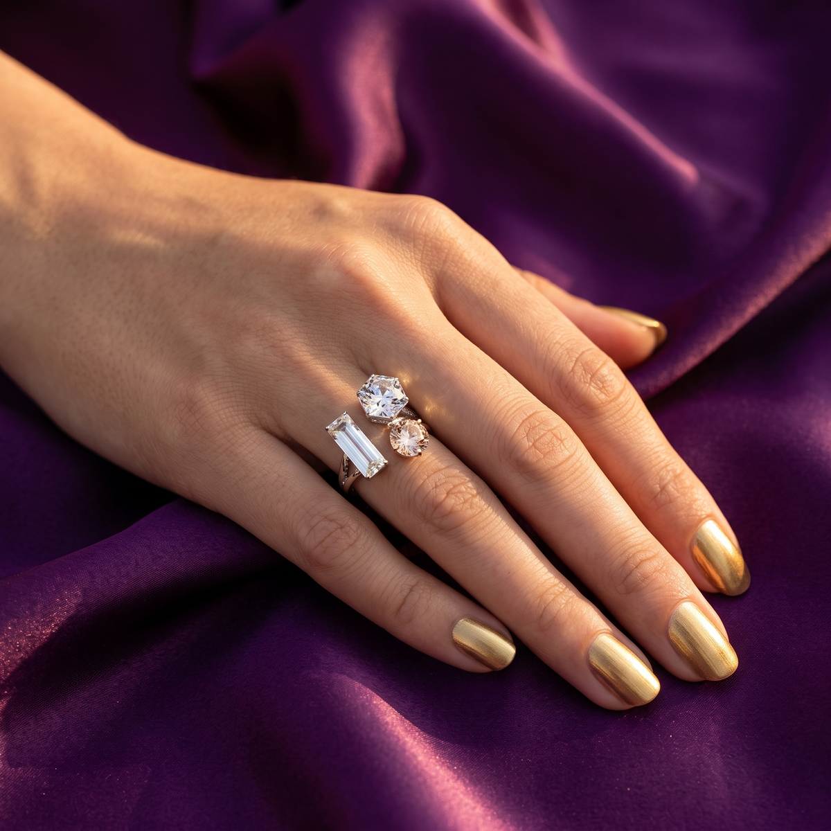 Gold Geometric Three-Stone Open Ring with Baguette Crystal | S.W.ANJ