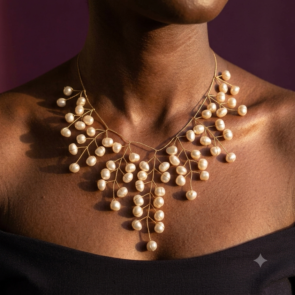 Gold Wire Pearl Branch Necklace with Round Pearls | S.W.ANJ