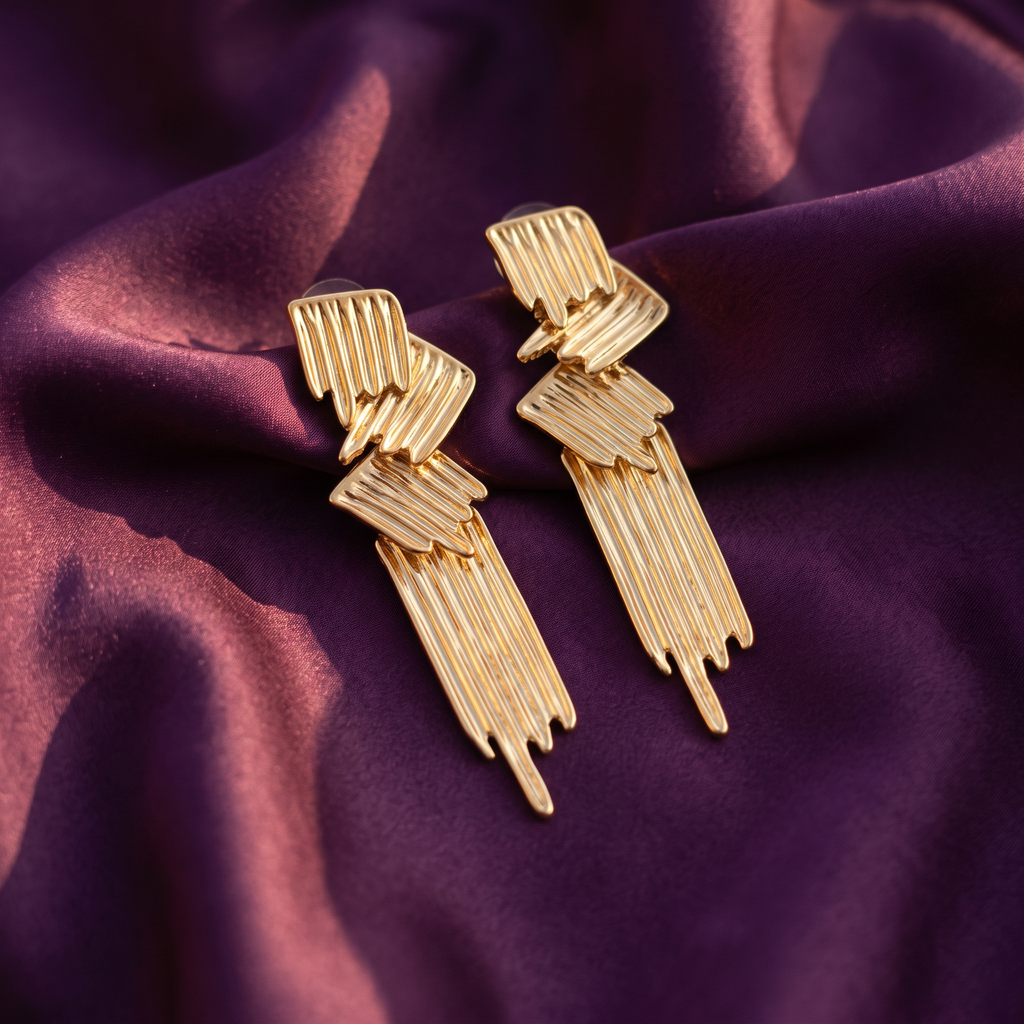 Gold Ribbed Long Drop Earrings | S.W.ANJ