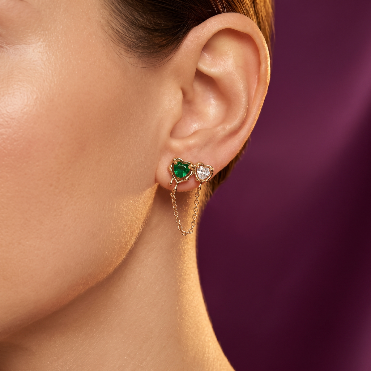 Molten Gold Double Heart Chain Earrings – Red or Green, Anti-Tarnish